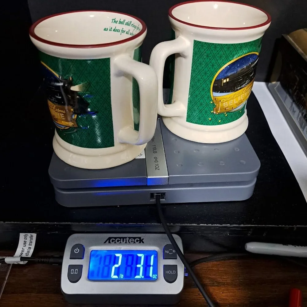 Set of 2 Polar Express Hot Chocolate Mugs Christmas Train Decor Bell Still Rings